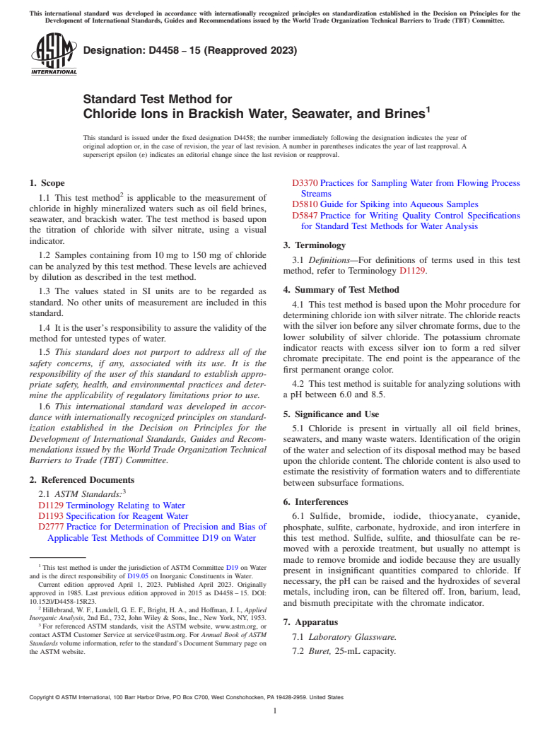 ASTM D4458-15(2023) - Standard Test Method for  Chloride Ions in Brackish Water, Seawater, and Brines