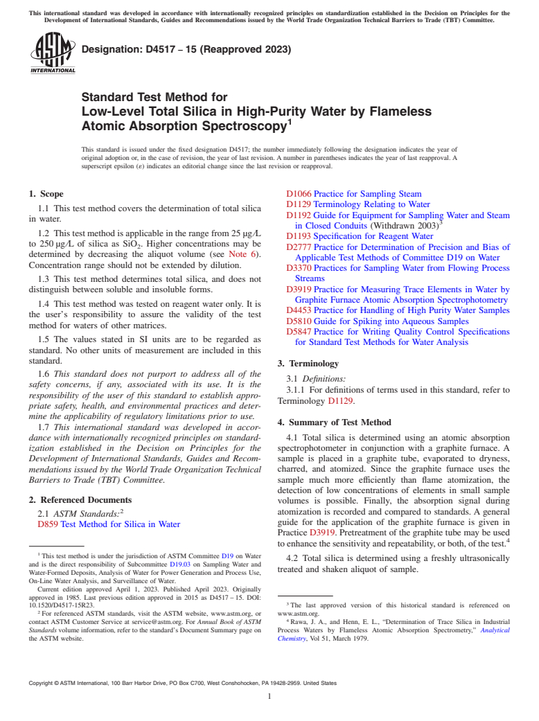 ASTM D4517-15(2023) - Standard Test Method for  Low-Level Total Silica in High-Purity Water by Flameless Atomic   Absorption Spectroscopy