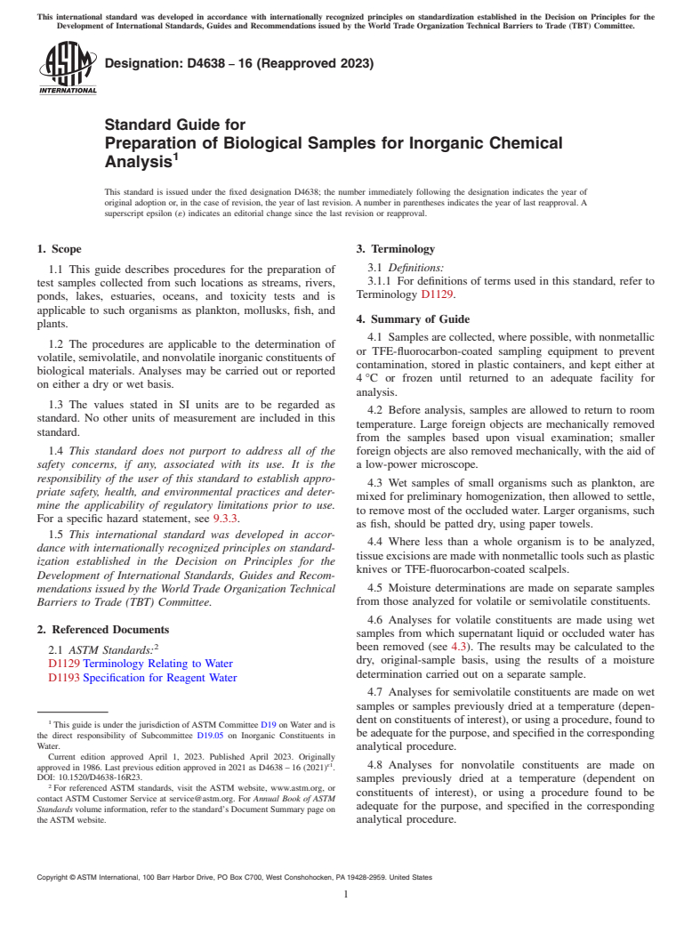 ASTM D4638-16(2023) - Standard Guide for  Preparation of Biological Samples for Inorganic Chemical Analysis