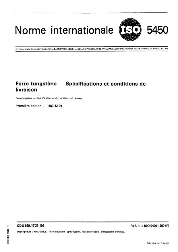 ISO 5450:1980 - Ferro-tungstene -- Spécifications et conditions de livraison