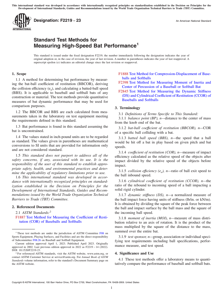 ASTM F2219-23 - Standard Test Methods for Measuring High-Speed Bat Performance