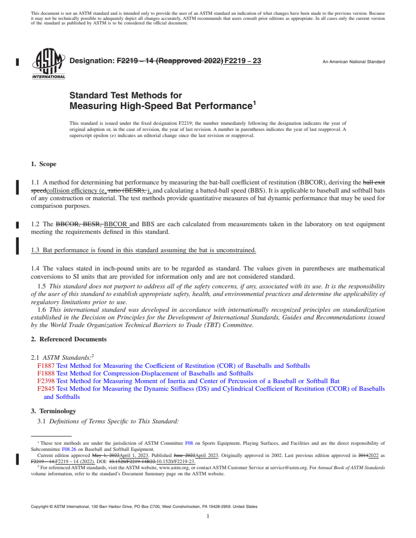 REDLINE ASTM F2219-23 - Standard Test Methods for Measuring High-Speed Bat Performance