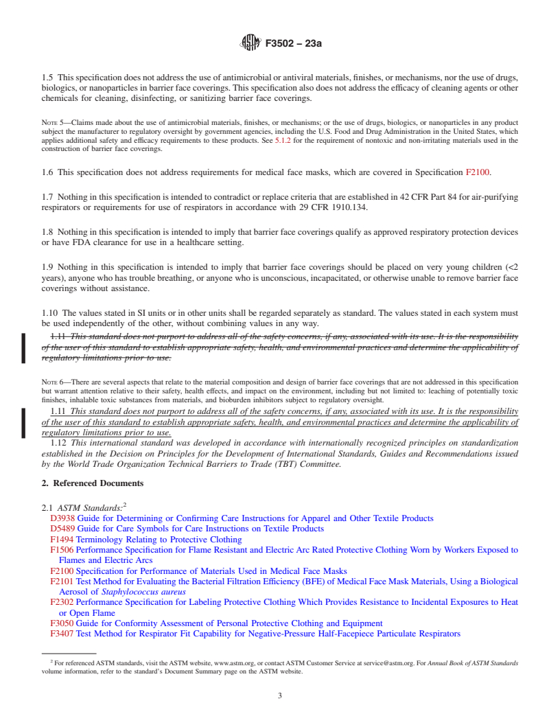 REDLINE ASTM F3502-23a - Standard Specification for Barrier Face Coverings