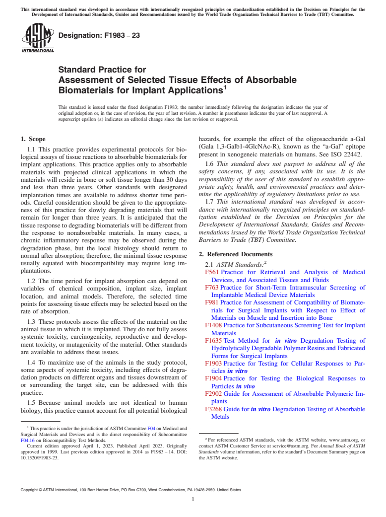 ASTM F1983-23 - Standard Practice for  Assessment of Selected Tissue Effects of Absorbable Biomaterials  for Implant Applications