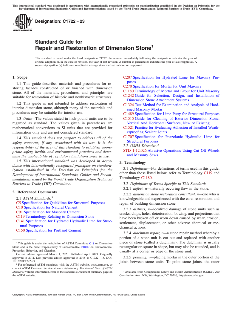 ASTM C1722-23 - Standard Guide for  Repair and Restoration of Dimension Stone
