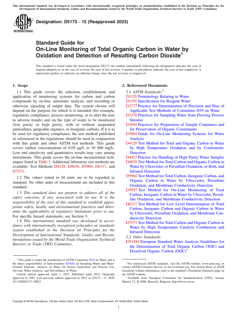 ASTM D5173-15(2023) - Standard Guide for  On-Line Monitoring of Total Organic Carbon in Water by Oxidation  and Detection of Resulting Carbon Dioxide