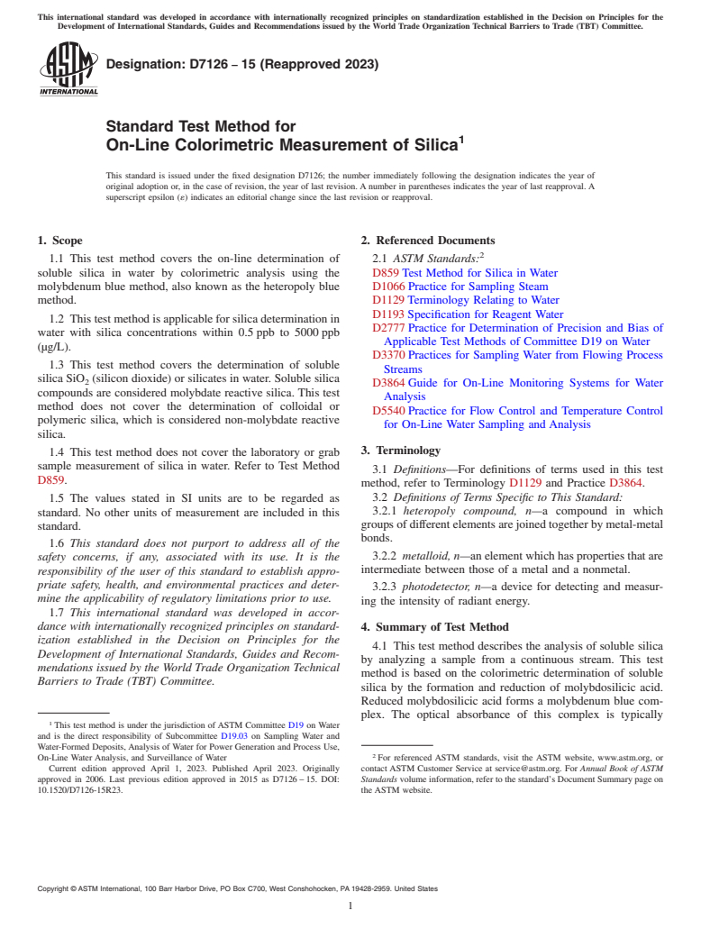 ASTM D7126-15(2023) - Standard Test Method for  On-Line Colorimetric Measurement of Silica