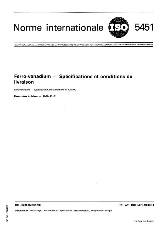 ISO 5451:1980 - Ferro-vanadium -- Spécifications et conditions de livraison