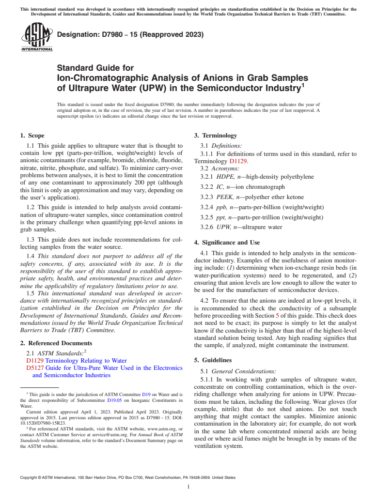 ASTM D7980-15(2023) - Standard Guide for Ion-Chromatographic Analysis of Anions in Grab Samples of Ultrapure  Water (UPW) in the Semiconductor Industry