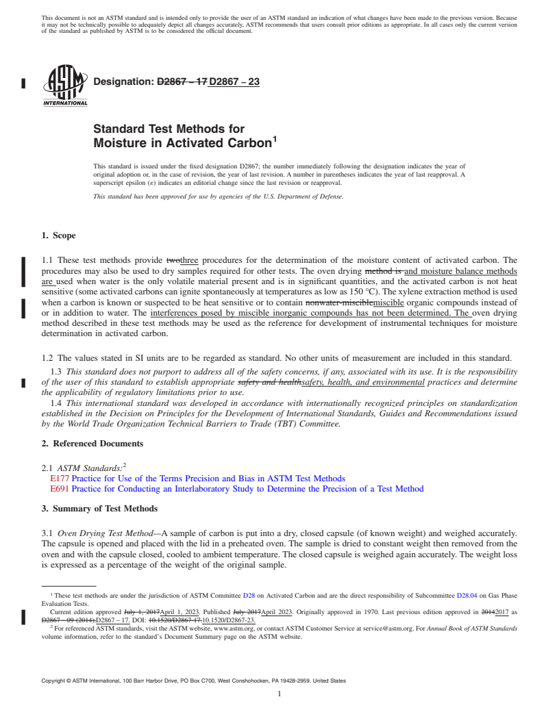 REDLINE ASTM D2867-23 - Standard Test Methods for  Moisture in Activated Carbon