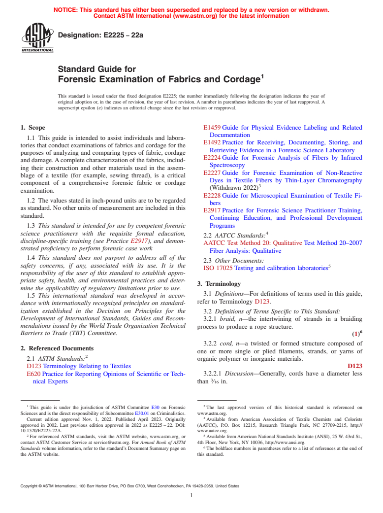 ASTM E2225-22a - Standard Guide for Forensic Examination of Fabrics and Cordage