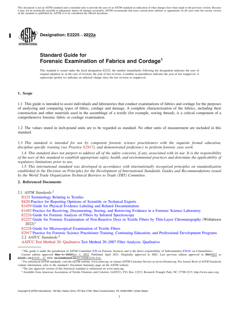 REDLINE ASTM E2225-22a - Standard Guide for Forensic Examination of Fabrics and Cordage