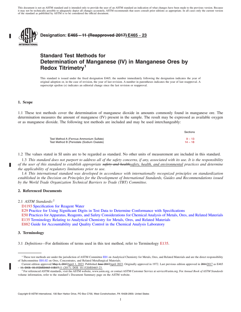 REDLINE ASTM E465-23 - Standard Test Methods for  Determination of Manganese (IV) in Manganese Ores by Redox  Titrimetry