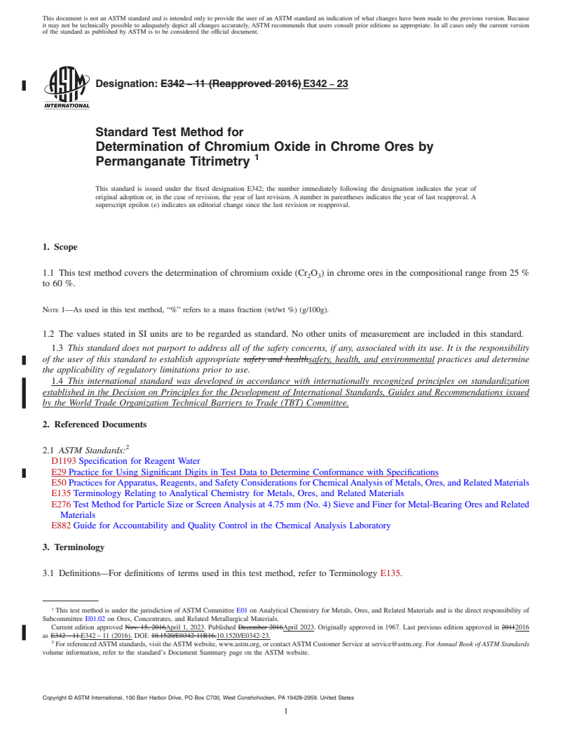 REDLINE ASTM E342-23 - Standard Test Method for  Determination of Chromium Oxide in Chrome Ores by Permanganate  Titrimetry