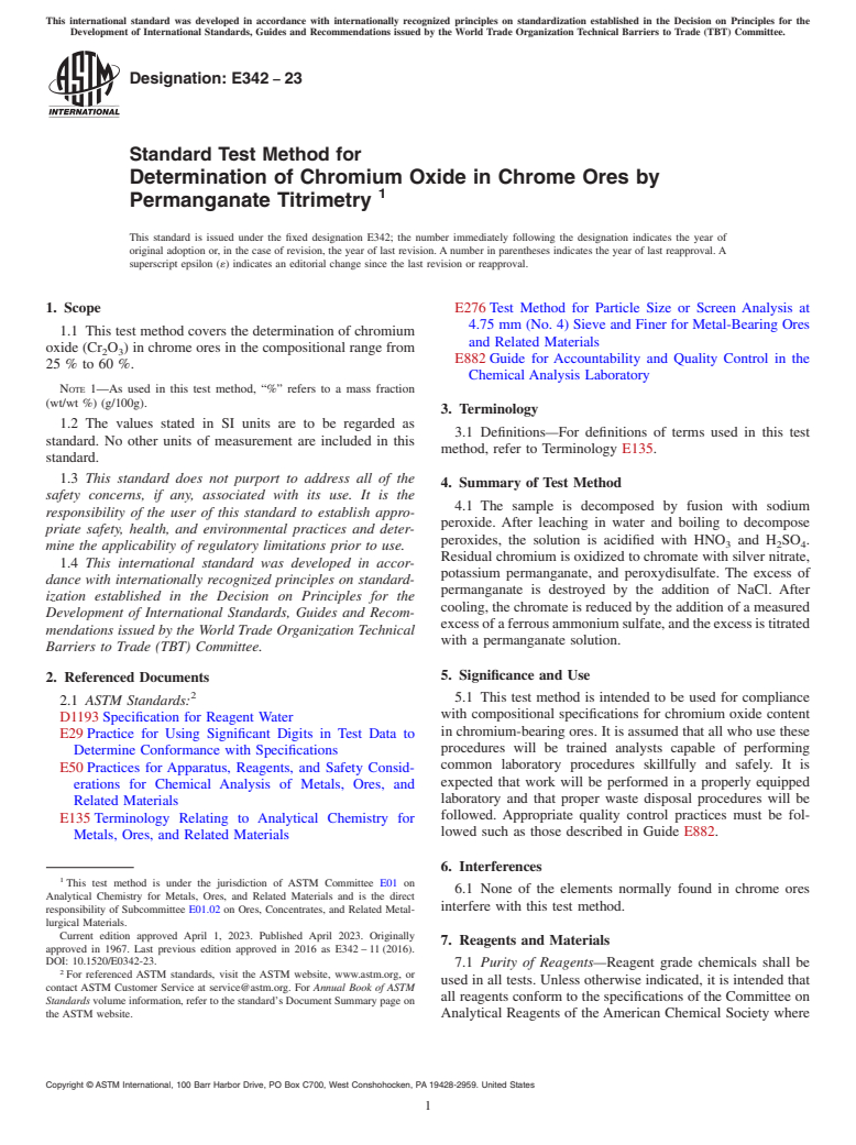 ASTM E342-23 - Standard Test Method for  Determination of Chromium Oxide in Chrome Ores by Permanganate  Titrimetry