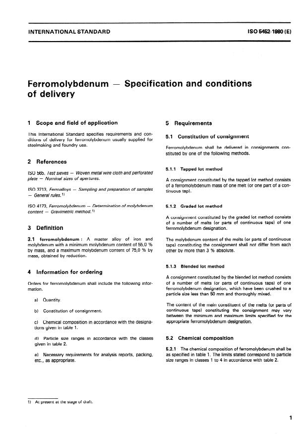ISO 5452:1980 - Ferromolybdenum -- Specification and conditions of delivery