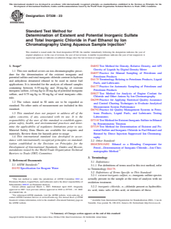 ASTM D7328-23 ASTM D7328-23 - Standard Test Method for Determination of Existent and Potential Inorganic Sulfate and Total Inorganic Chloride in Fuel Ethanol by Ion Chromatography Using Aqueous Sample Injection - Page 1 preview