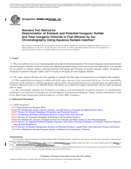 ASTM D7328-23 REDLINE ASTM D7328-23 - Standard Test Method for Determination of Existent and Potential Inorganic Sulfate and Total Inorganic Chloride in Fuel Ethanol by Ion Chromatography Using Aqueous Sample Injection - Page 1 preview