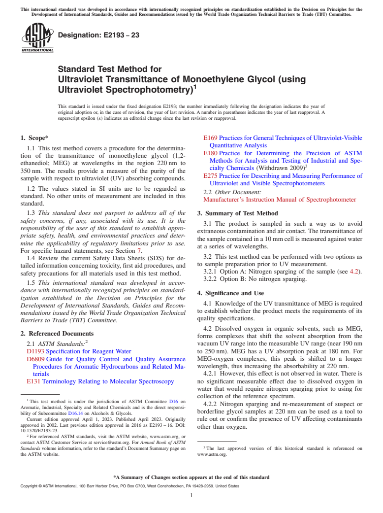 ASTM E2193-23 - Standard Test Method for Ultraviolet Transmittance of Monoethylene Glycol (using Ultraviolet  Spectrophotometry)