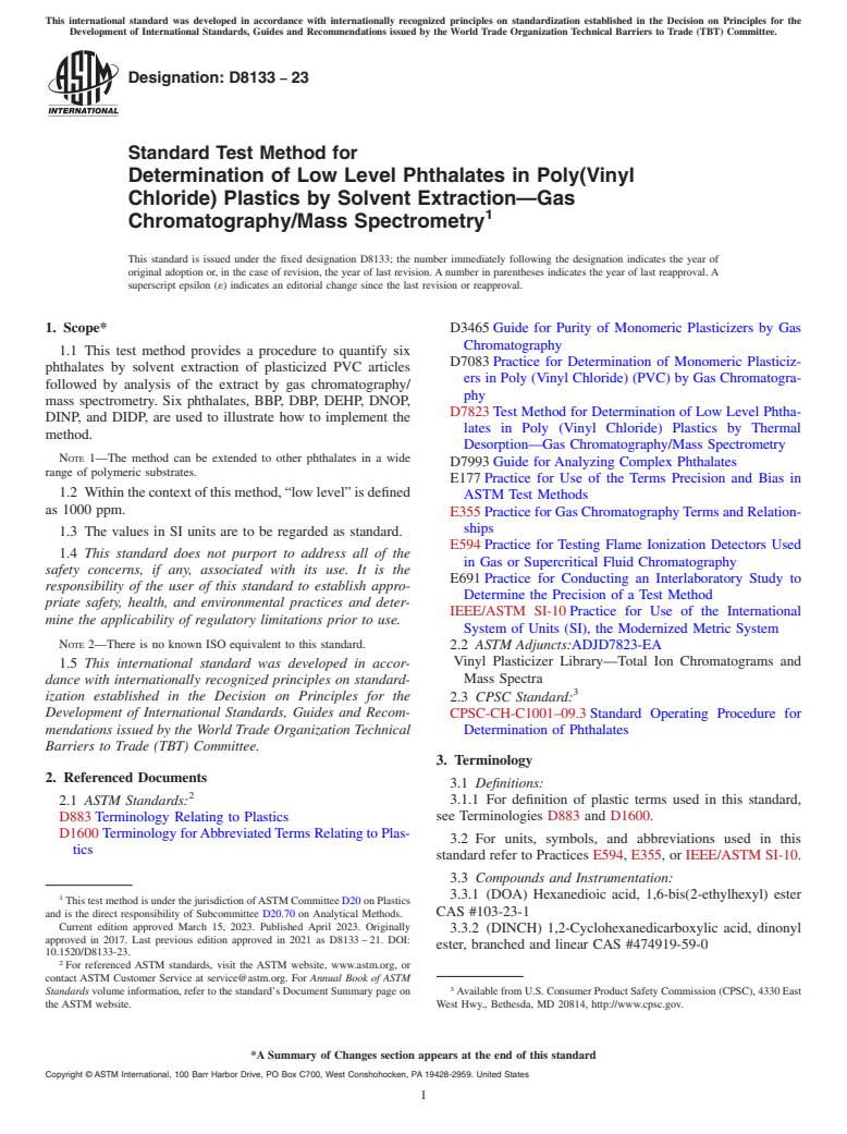 ASTM D8133-23 - Standard Test Method for Determination of Low Level Phthalates in Poly(Vinyl Chloride)  Plastics by Solvent Extraction—Gas Chromatography/Mass Spectrometry