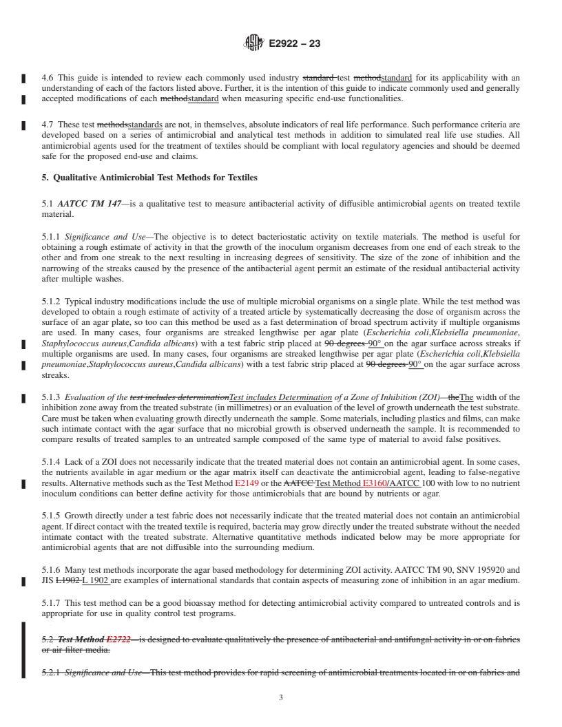 REDLINE ASTM E2922-23 - Standard Guide for Use of Standard Test Methods and Practices for Evaluating Antibacterial  Activity on Textiles