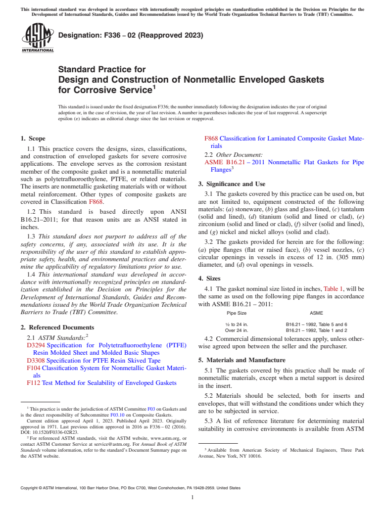 ASTM F336-02(2023) - Standard Practice for  Design and Construction of Nonmetallic Enveloped Gaskets for  Corrosive Service
