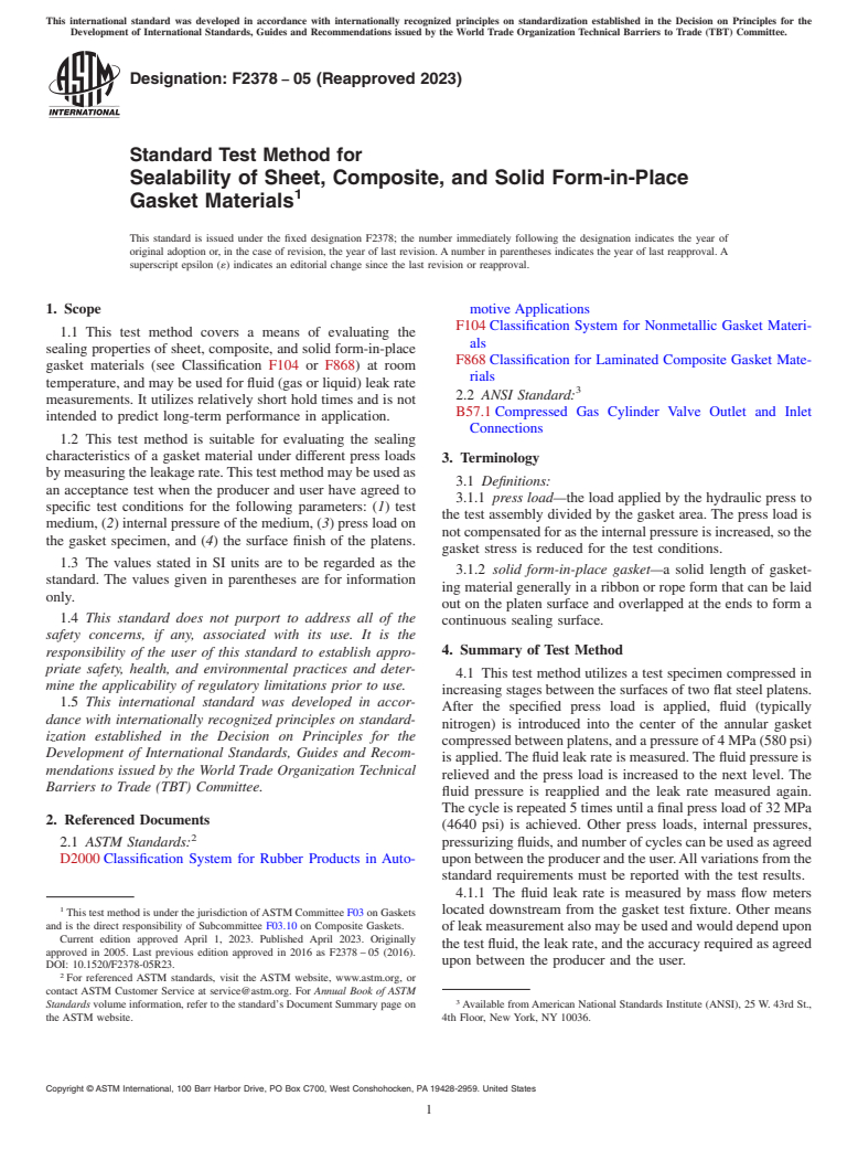 ASTM F2378-05(2023) - Standard Test Method for  Sealability of Sheet, Composite, and Solid Form-in-Place Gasket  Materials