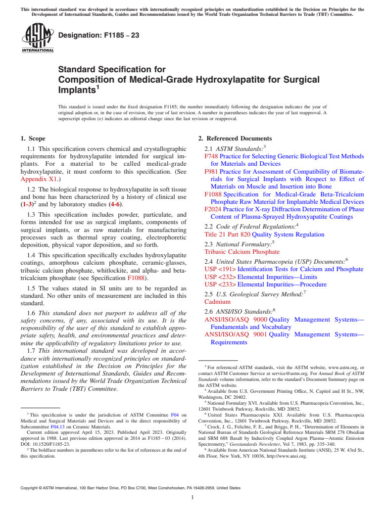ASTM F1185-23 - Standard Specification for Composition of Medical-Grade Hydroxylapatite for Surgical Implants
