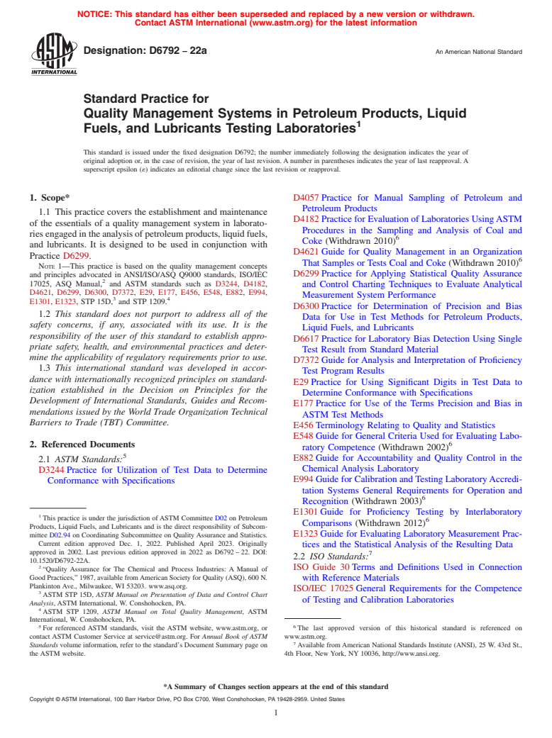 ASTM D6792-22a - Standard Practice for Quality Management Systems in Petroleum Products, Liquid Fuels,  and Lubricants Testing Laboratories
