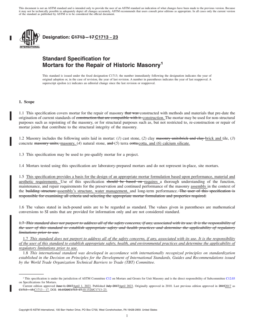 REDLINE ASTM C1713-23 - Standard Specification for  Mortars for the Repair of Historic Masonry