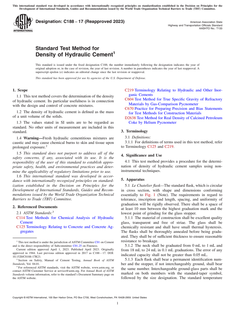 ASTM C188-17(2023) - Standard Test Method for Density of Hydraulic Cement