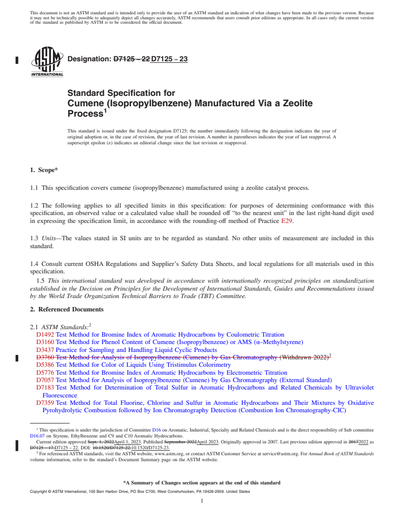 REDLINE ASTM D7125-23 - Standard Specification for Cumene (Isopropylbenzene) Manufactured Via a Zeolite Process