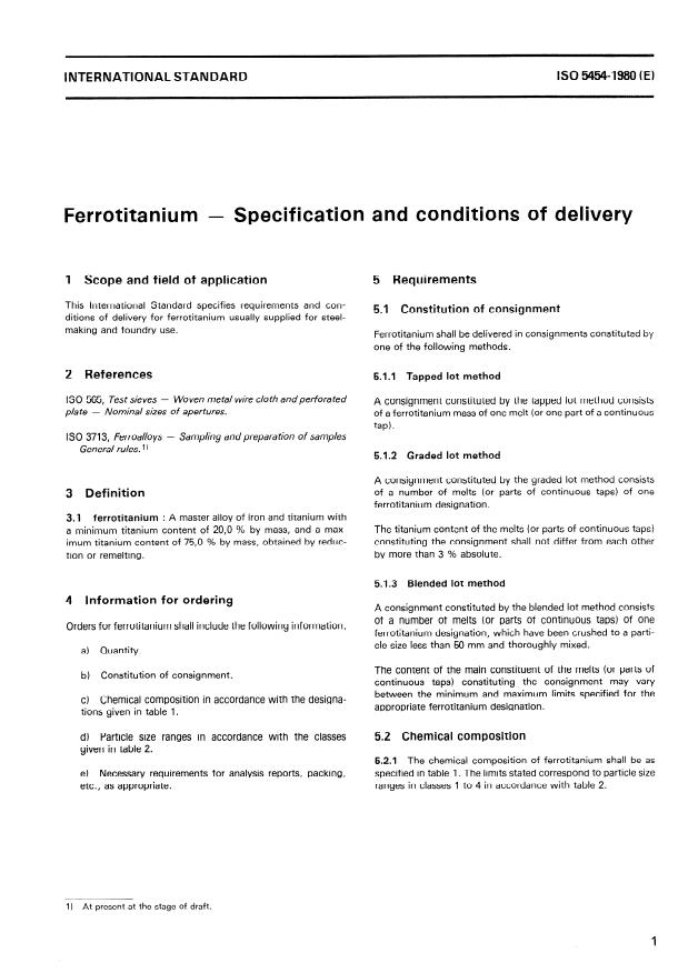 ISO 5454:1980 - Ferrotitanium -- Specification and conditions of delivery