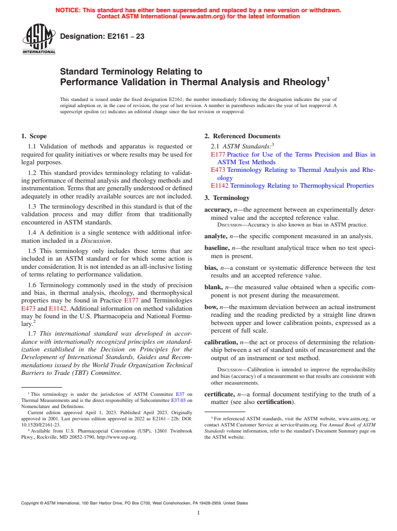 ASTM E2161-23 - Standard Terminology Relating to  Performance Validation in Thermal Analysis and Rheology