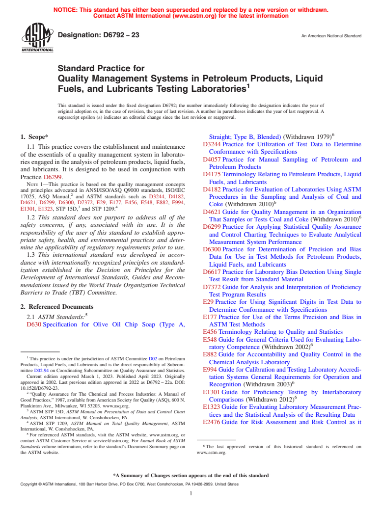 ASTM D6792-23 - Standard Practice for Quality Management Systems in Petroleum Products, Liquid Fuels,  and Lubricants Testing Laboratories
