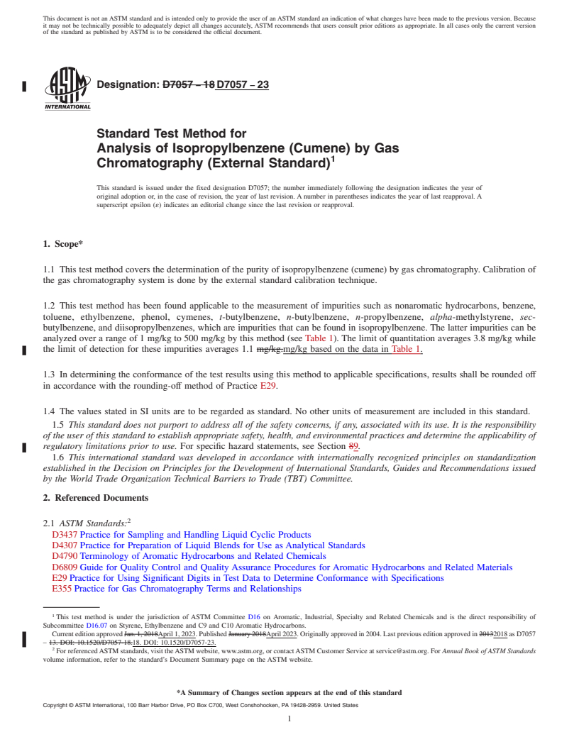 REDLINE ASTM D7057-23 - Standard Test Method for Analysis of Isopropylbenzene (Cumene) by Gas Chromatography   (External  Standard)