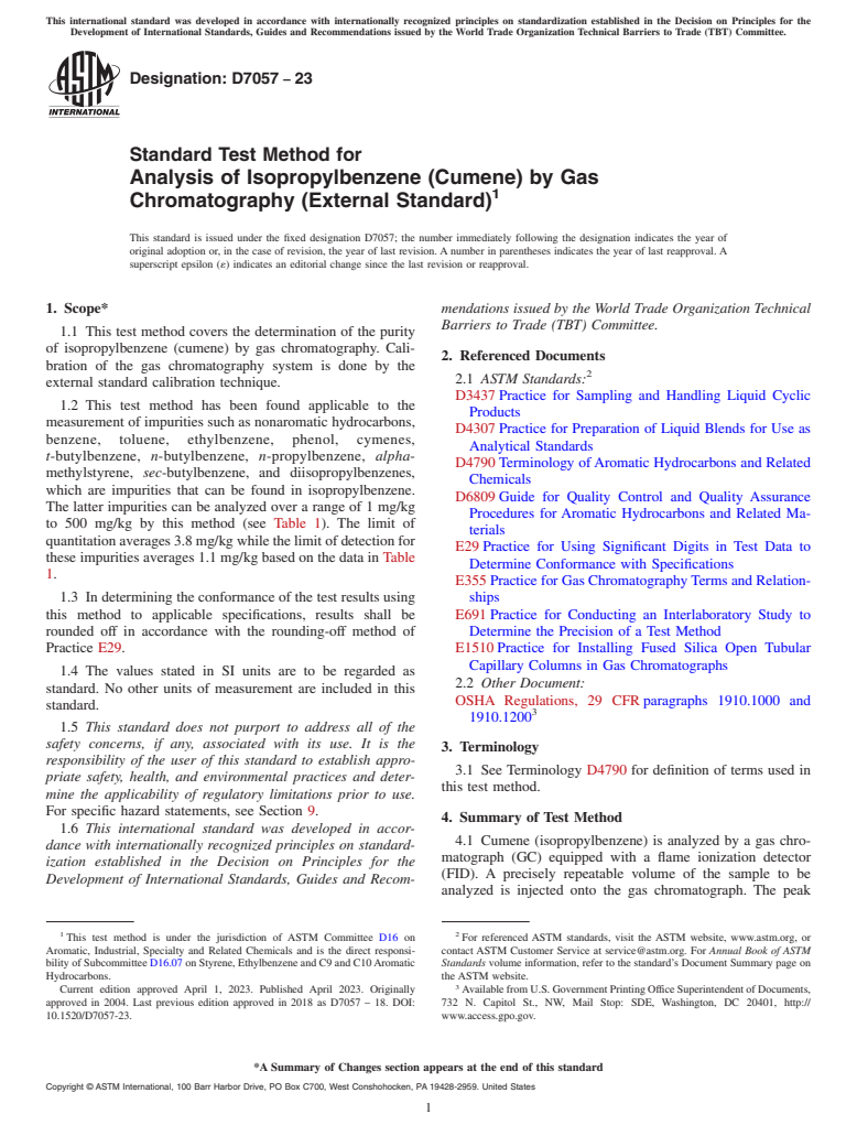ASTM D7057-23 - Standard Test Method for Analysis of Isopropylbenzene (Cumene) by Gas Chromatography   (External  Standard)