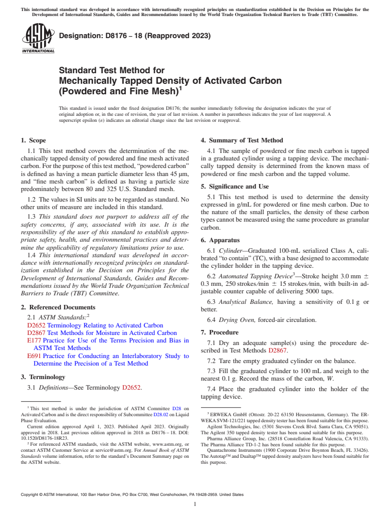 ASTM D8176-18(2023) - Standard Test Method for Mechanically Tapped Density of Activated Carbon (Powdered and  Fine Mesh)