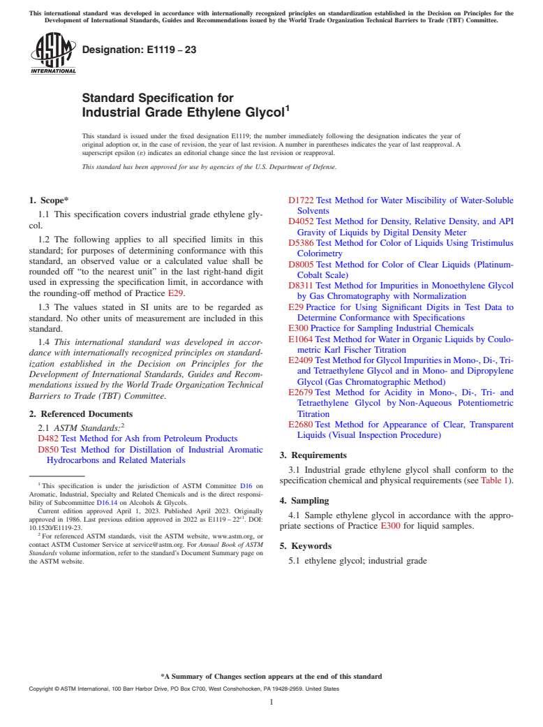 ASTM E1119-23 - Standard Specification for Industrial Grade Ethylene Glycol