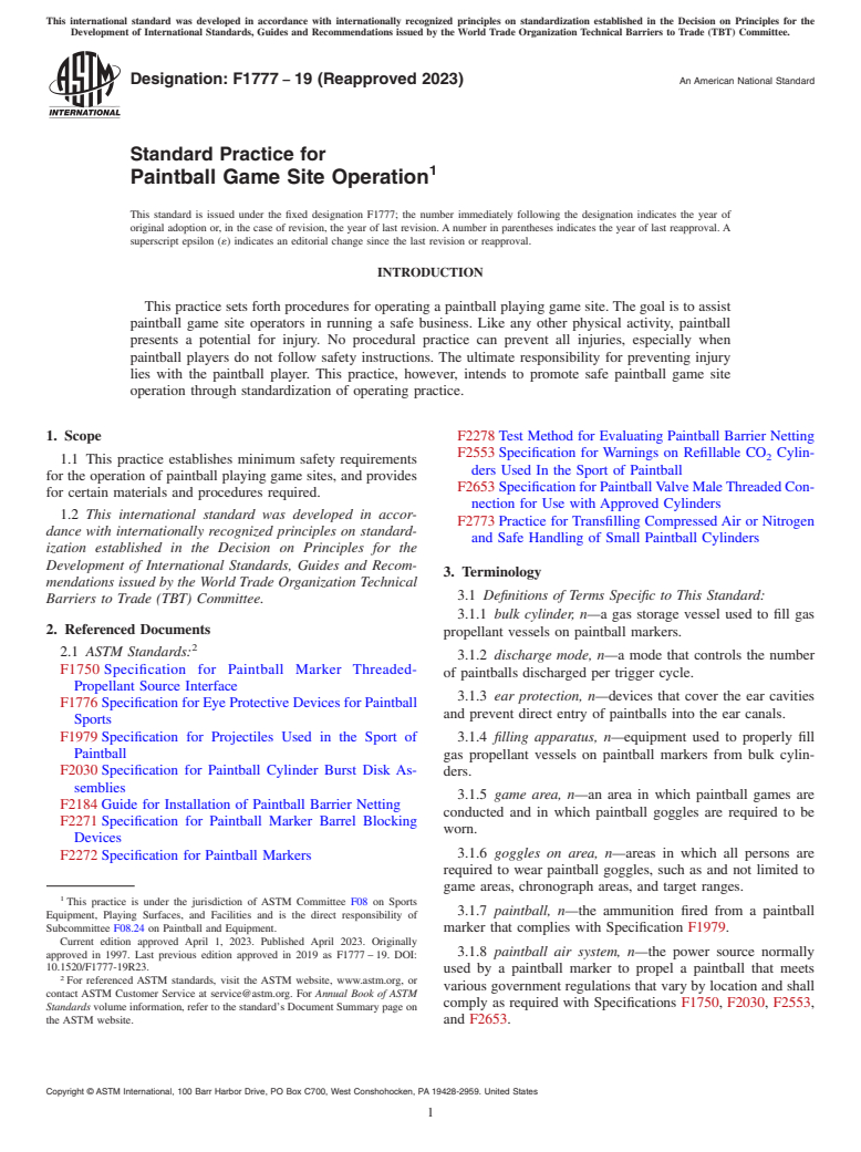 ASTM F1777-19(2023) - Standard Practice for  Paintball Game Site Operation