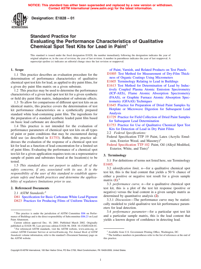 ASTM E1828-01 - Standard Practice for Evaluating the Performance Characteristics of Qualitative Chemical Spot Test Kits for Lead in Paint (Withdrawn 2010)