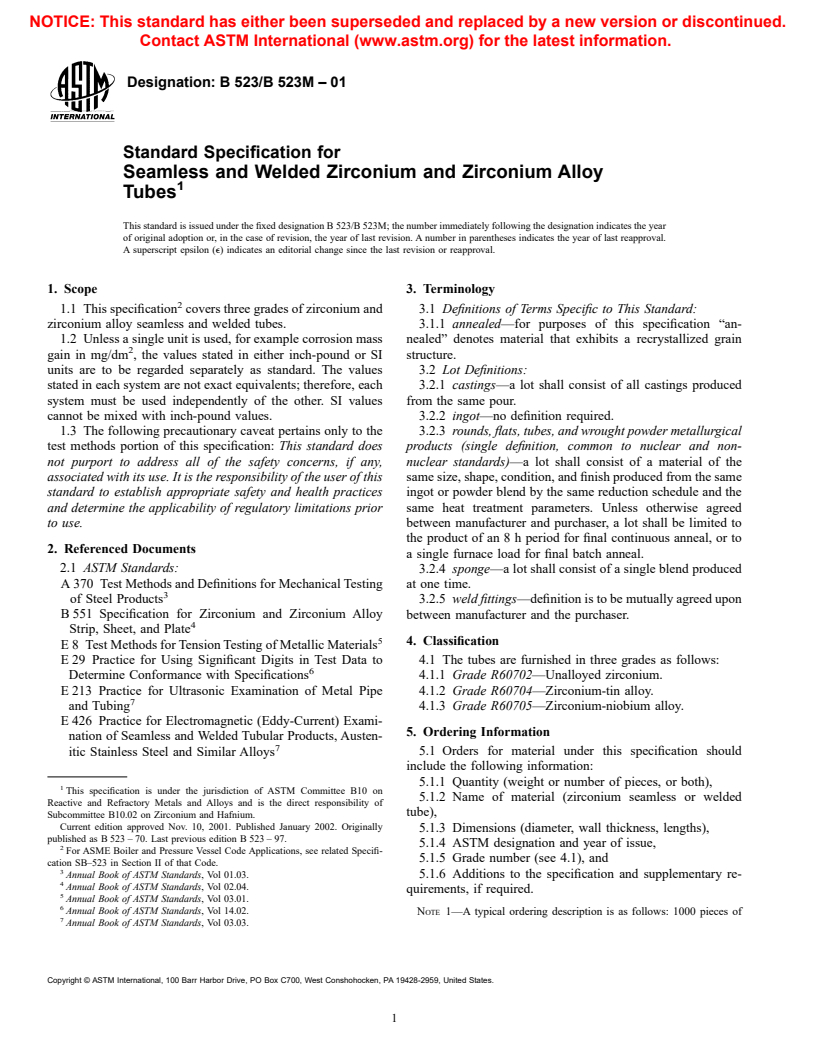 ASTM B523/B523M-01 - Standard Specification for Seamless and Welded Zirconium and Zirconium Alloy Tubes