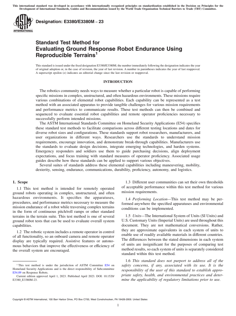 ASTM E3380/E3380M-23 - Standard Test Method for Evaluating Ground Response Robot Endurance Using Reproducible  Terrains