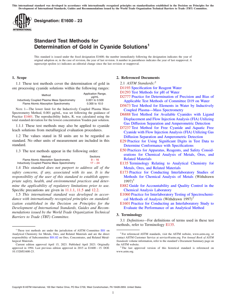 ASTM E1600-23 - Standard Test Methods for  Determination of Gold in Cyanide Solutions