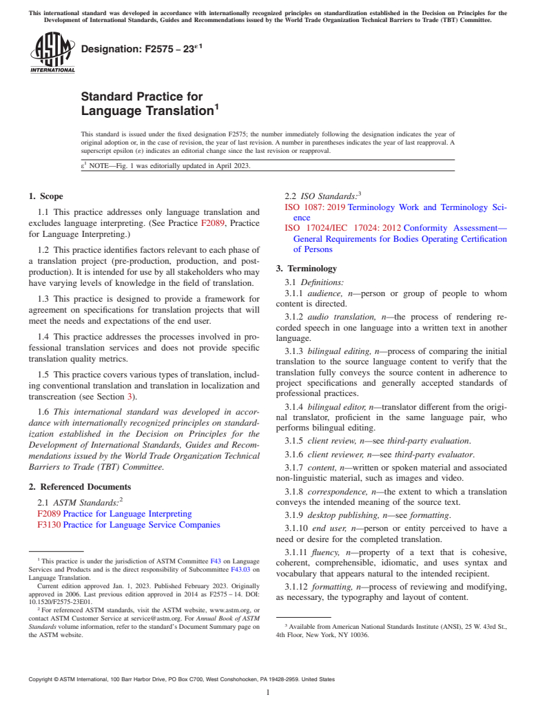 ASTM F2575-23e1 - Standard Practice for  Language Translation