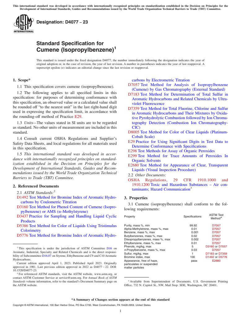 ASTM D4077-23 - Standard Specification for Cumene (Isopropylbenzene)