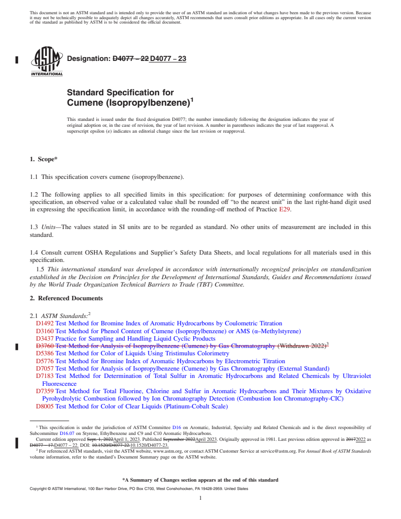 REDLINE ASTM D4077-23 - Standard Specification for Cumene (Isopropylbenzene)