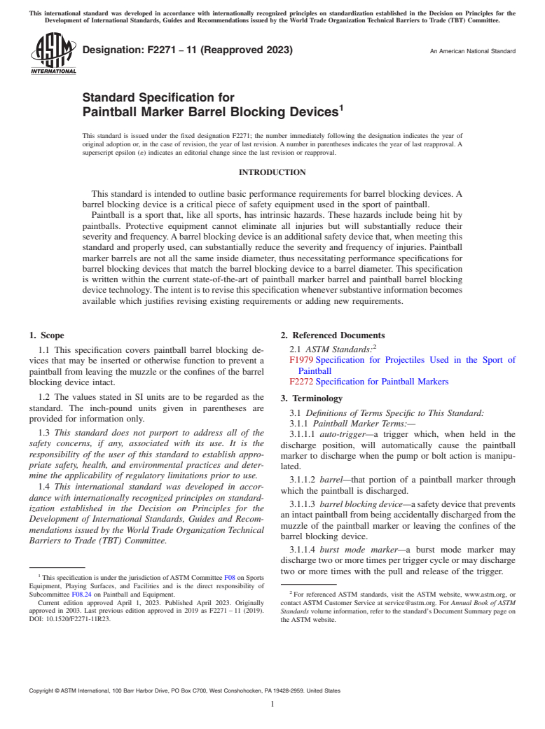 ASTM F2271-11(2023) - Standard Specification for  Paintball Marker Barrel Blocking Devices