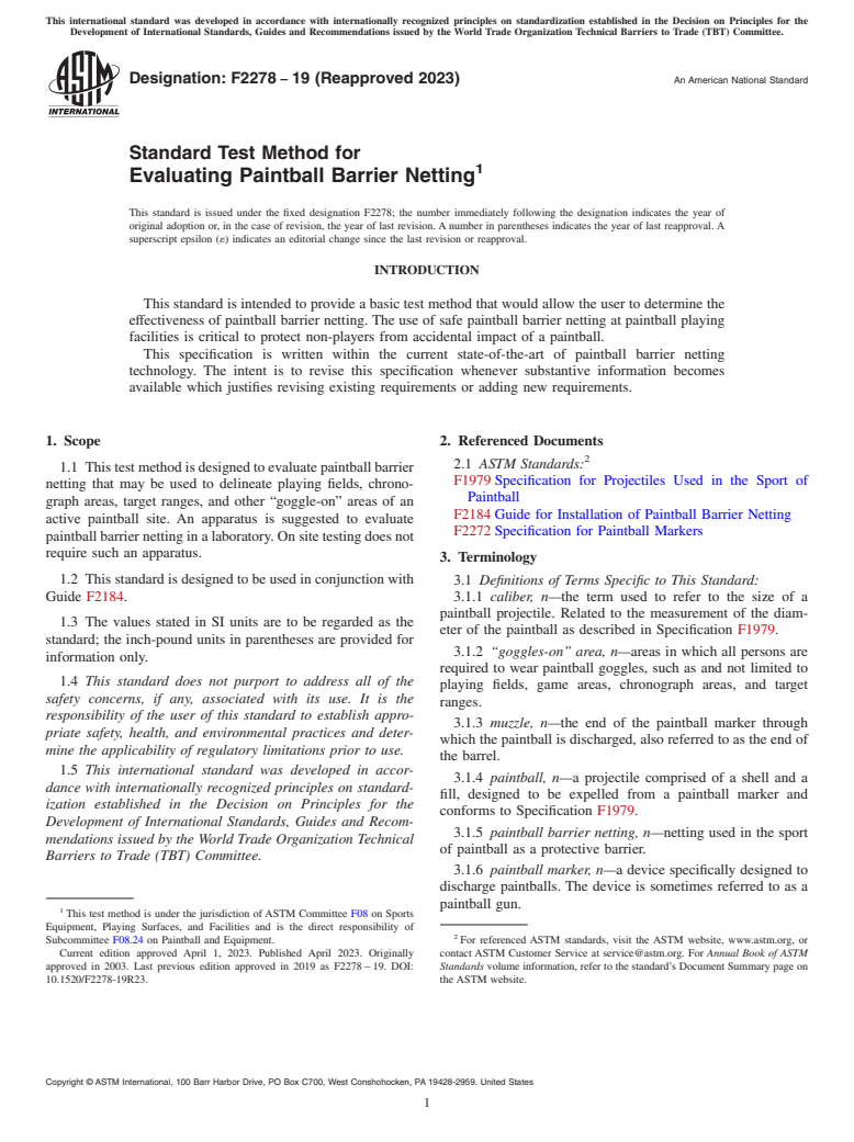 ASTM F2278-19(2023) - Standard Test Method for Evaluating Paintball Barrier Netting