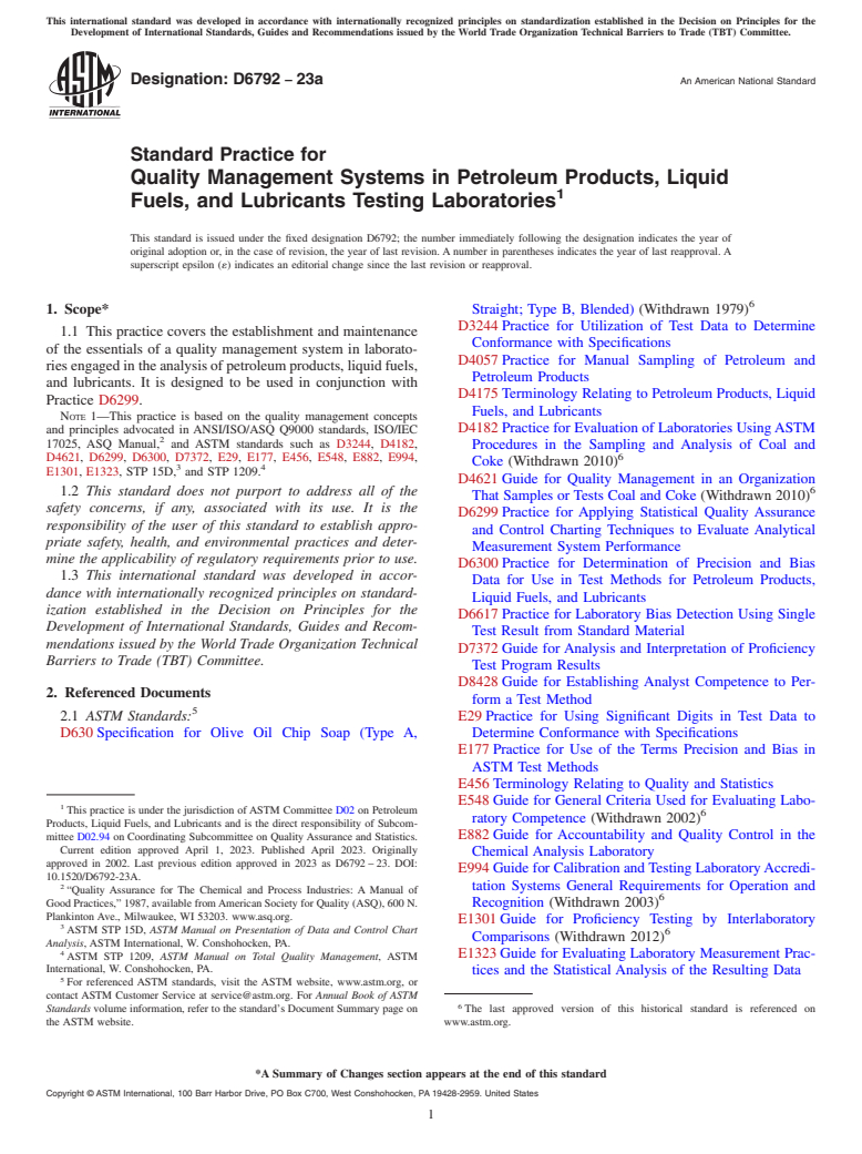 ASTM D6792-23a - Standard Practice for Quality Management Systems in Petroleum Products, Liquid Fuels,  and Lubricants Testing Laboratories